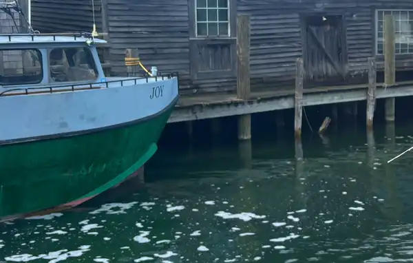 A small green and white boat moored beside weathered wooden boathouses with green roofs