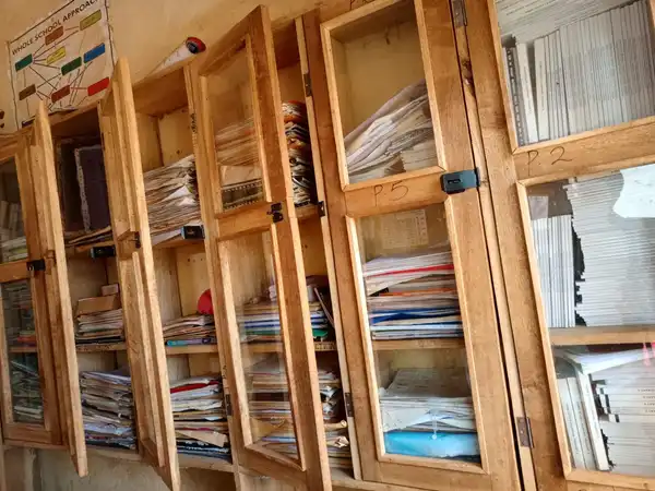 Tall wooden cabinets with glass doors holding magazines and papers