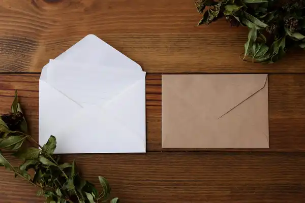 An open white envelope and a brown kraft envelope on a dark wooden table